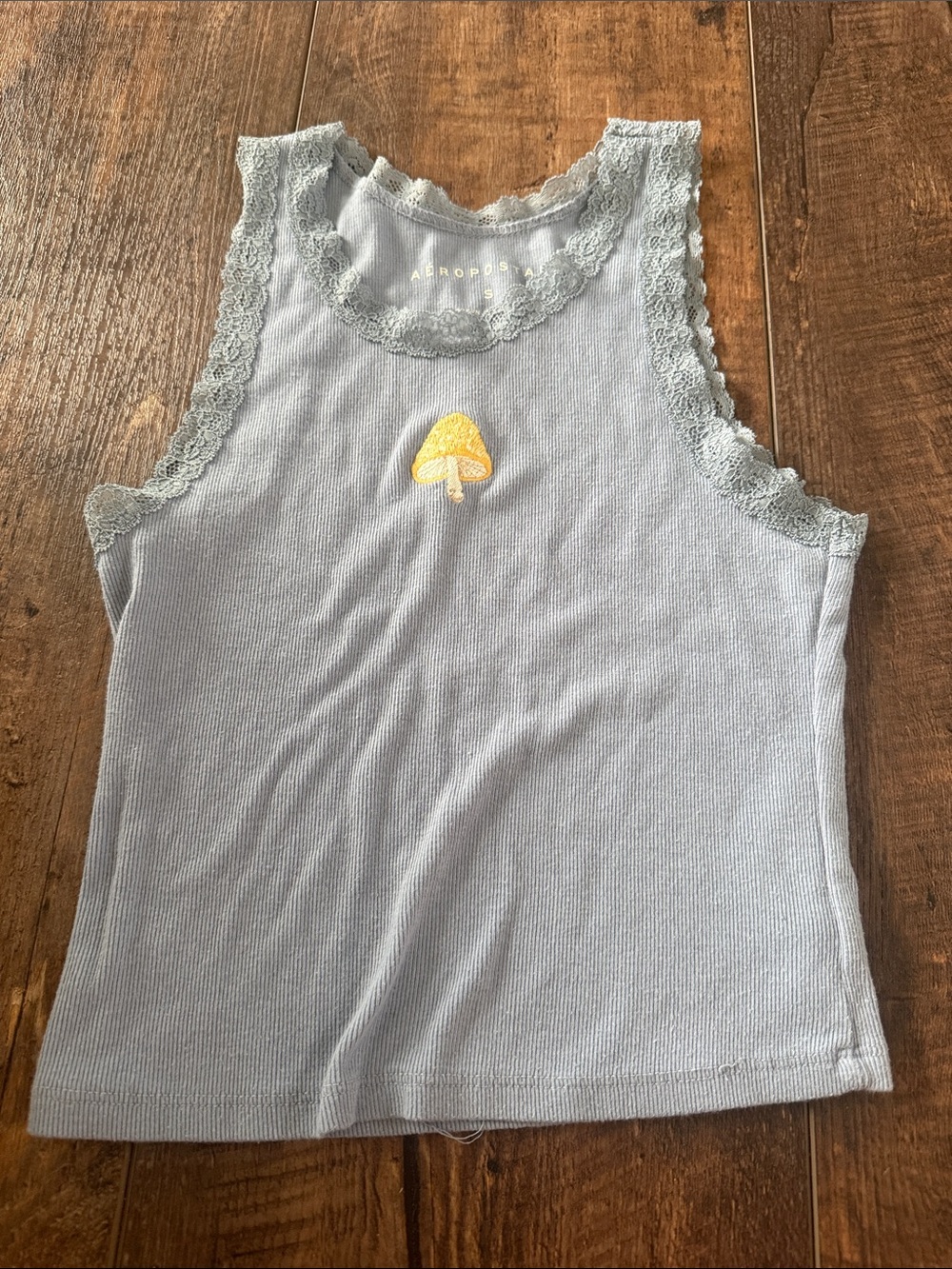 Aeropostale Light Blue Lace-Trim Tank with Yellow Mushroom Patch
